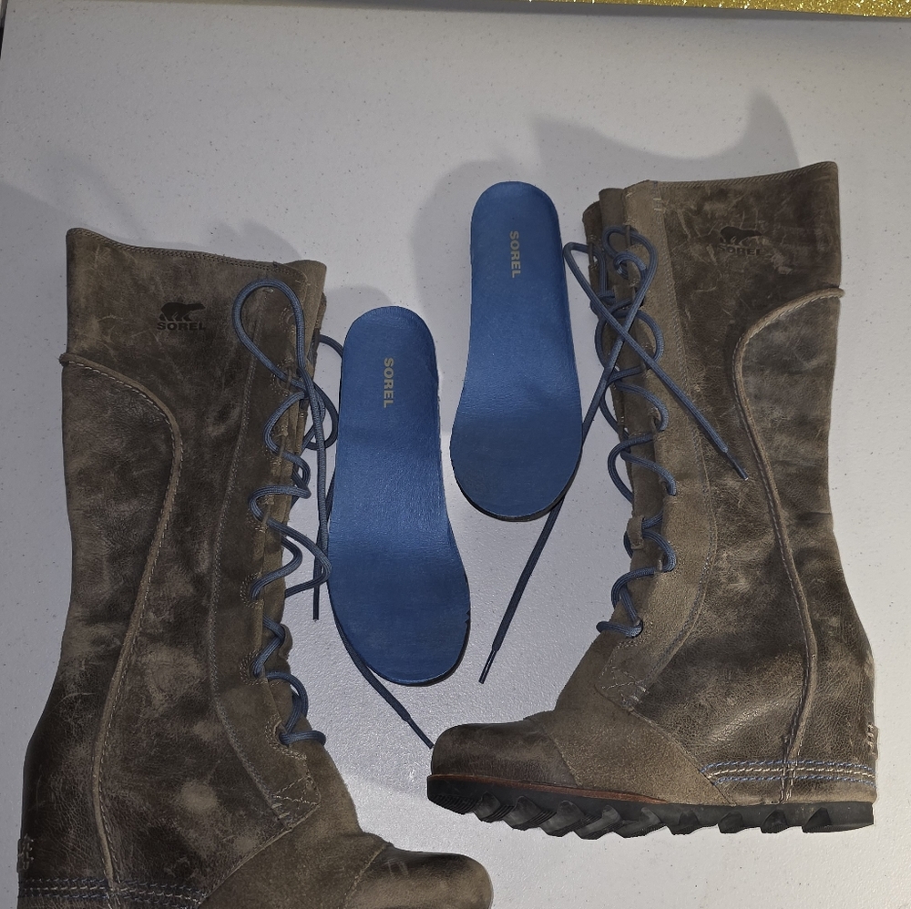 SOREL CATE THE GREAT WEDGE Tall Brown W/ Blue laces Leather RARE HTF Sz 7/38 - Picture 16 of 16